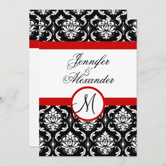 Mariage Monogram Red Damask Invitation Vue frontal (Devant / Derrière)