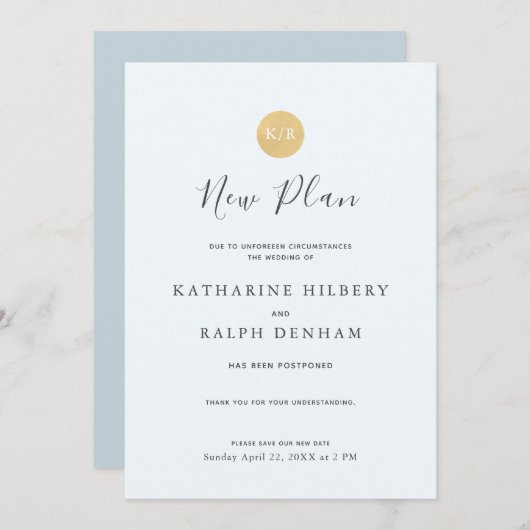 Mariage Monogramme bleu Nouveau plan Faire-part (Devant / Derrière)