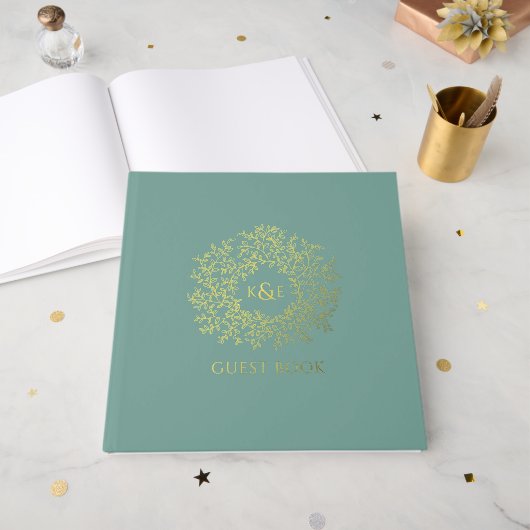 Mariage monogramme de feuille d'or vert muet (Recto ouvert)