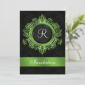 mariage monogramme vert fleuri Invitations (Debout devant)