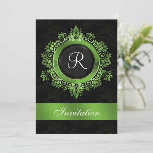 mariage monogramme vert fleuri Invitations (Debout devant)