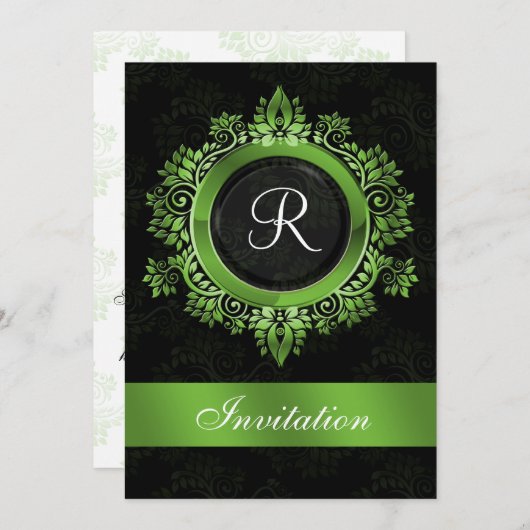 mariage monogramme vert fleuri Invitations (Devant / Derrière)