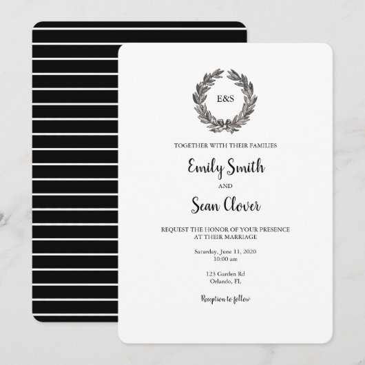 Mariage Monogramme Wreath Black Stripe Invitation (Devant / Derrière)