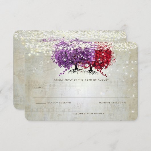 Mariage musical violet rouge coeur Leaf Tree RSVP (Devant / Derrière)