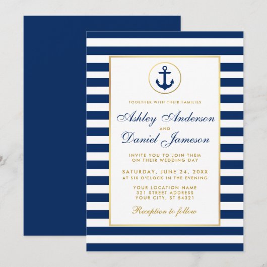 Mariage Naustique Rayures Bleues Or Invitation B (Devant / Derrière)
