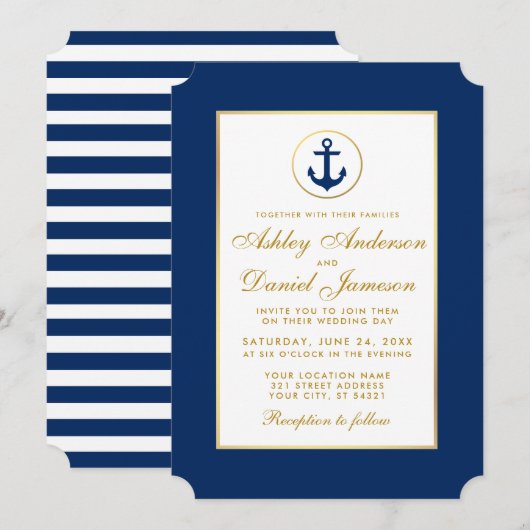 Mariage Nautique Bleu Barré Or Invitation G (Devant / Derrière)