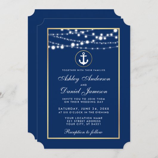 Mariage nautique Bleu Gold String Invitation (Devant / Derrière)