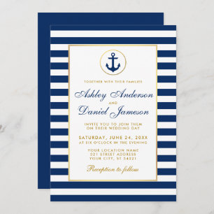 Mariage Nautique Bleu Grilles Or Invitation B