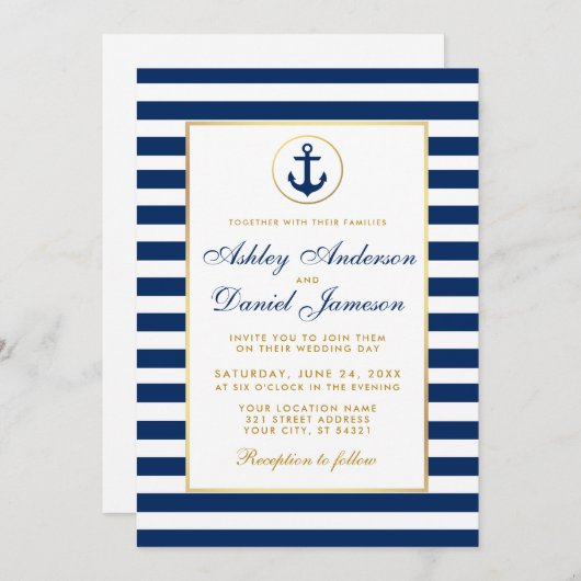 Mariage Nautique Bleu Grilles Or Invitation W (Devant / Derrière)