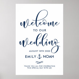 Mariage nautique  bleu marine Affiche de bienvenue