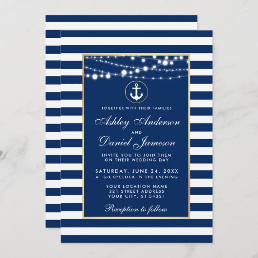 Mariage Nautique Bleu Rayures Éclairage Invitation (Devant / Derrière)