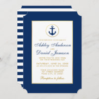 Mariage Nautique Bleu Striped Gold Invitation