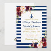 Mariage Nautique Bleu Stripes Bourgogne Invitation (Devant / Derrière)