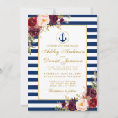Mariage Nautique Bleu Stripes Bourgogne Invitation (Devant)