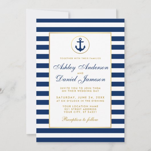 Mariage Nautique Bleu Stripes Gold Invitation (Devant)