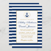 Mariage Nautique Bleu Stripes Gold Invitation (Devant / Derrière)