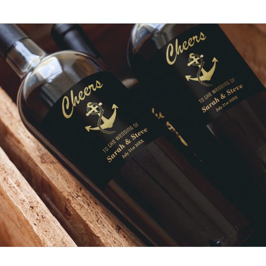 Mariage nautique Étiquettes or et vin noir