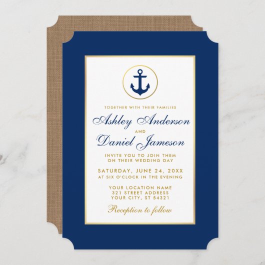Mariage nautique Invitation bleue et or B (Devant / Derrière)