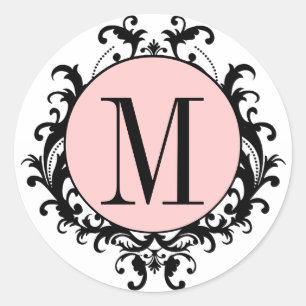 Mariage noir blanc Monogramme M Damask Étiquette r