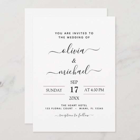 Mariage noir blanc Type moderne Invitation (Devant / Derrière)