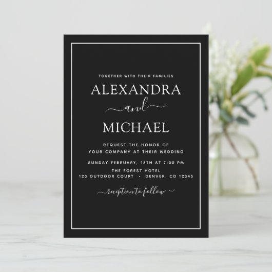 Mariage noir blanc Type moderne Invitation (Debout devant)