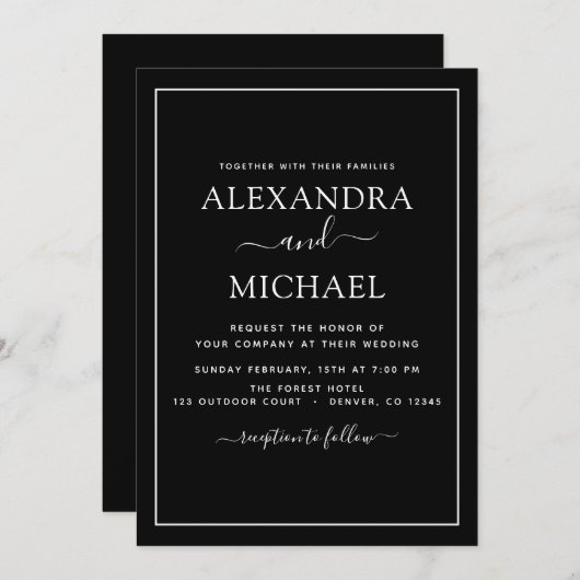 Mariage noir blanc Type moderne Invitation (Devant / Derrière)