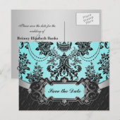 Mariage Noir Damassé Bleu Cartes de Remerciement " (Devant / Derrière)