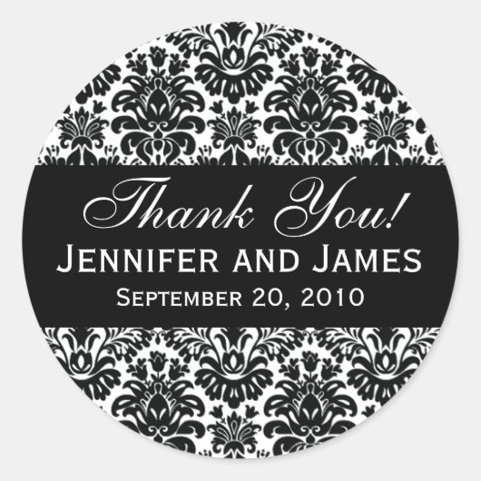 Mariage noir et blanc Damask Merci Étiquette (Devant)