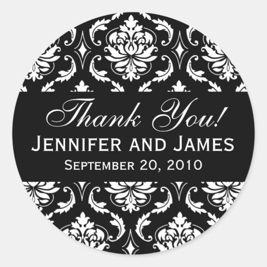Mariage noir et blanc Damask Merci Étiquette (Devant)