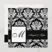 Mariage noir Monogramme Damask Invitation (Devant / Derrière)