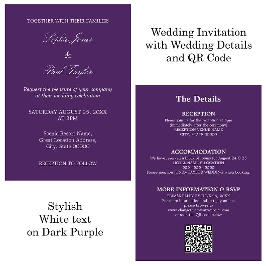Mariage noir violet QR Code RSVP Invitation