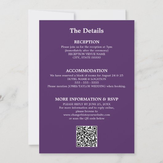 Mariage noir violet QR Code RSVP Invitation (Dos)