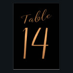 Mariage numéro de table cuivre or parties scintill<br><div class="desc">Faux cuivre métal or feuille de calligraphie formelle script mariage carte de table d'accueil de mariage. La couleur bleu marine arrière - plan foncé de minuit est modifiable. Vous pouvez le modifier après avoir appuyé sur le bouton PERSONNALISER PLUS LOIN. Vous pouvez trouver toute la gamme de numéros (1 -...</div>