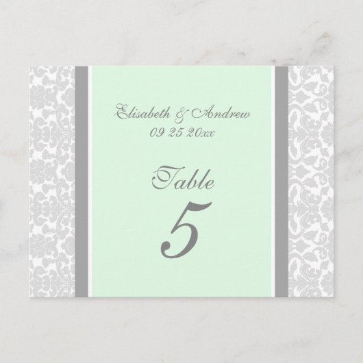 Mariage Numéro de tableau Cartes Mint Grey Damask (Devant)