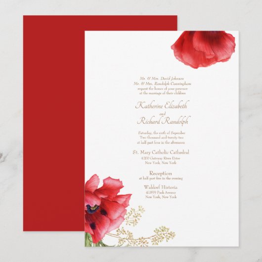 Mariage officiel Red Floral & Gold Invitation (Devant / Derrière)