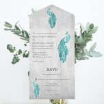 Mariage Peacock turquoise tout en une invitation<br><div class="desc">Invités Invitations à votre prochain mariage avec une invitation de mariage tout en un Peacock Turquoise. Le design Invitation présente un paon vibrant reposant sur une délicate vigne blanche de feuillage contre un arrière - plan grunge avec une carte de réponse perforée. Personnalisez avec les noms du marié et de...</div>