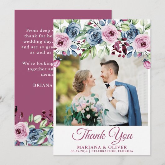 Mariage Photo Carte de remerciements Marine Vin bl (Devant / Derrière)