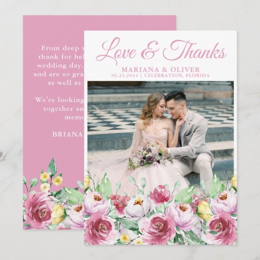 Mariage Photo Carte de remerciements rose jaune Fl (Devant / Derrière)