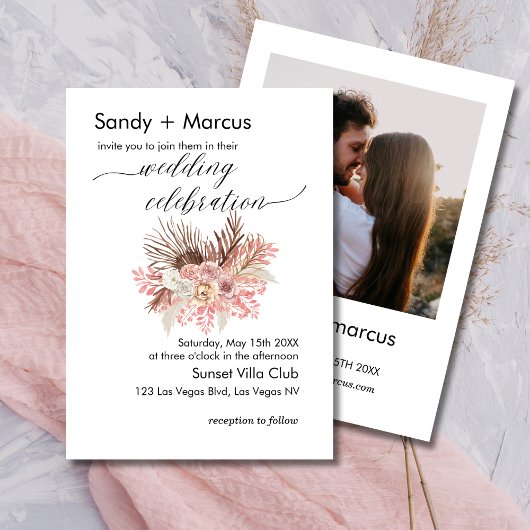 Mariage Photo Invitation Boho Dusty Rose Floral