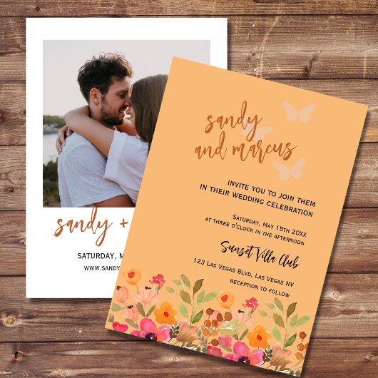 Mariage Photo Invitation Peach Pink Garden Blooms