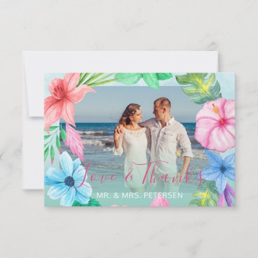 Mariage plage bleu rose tropical PHOTO merci (Devant)