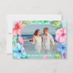 Mariage plage bleu rose tropical PHOTO merci