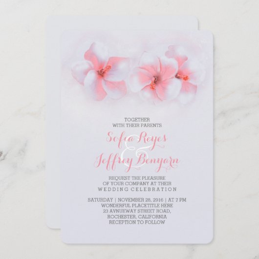 mariage plage corail hibiscus fleurs invitations (Devant / Derrière)