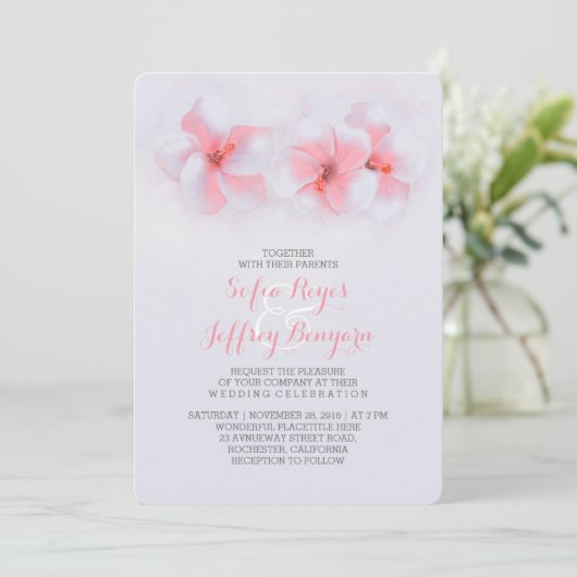 mariage plage corail hibiscus fleurs invitations (Debout devant)