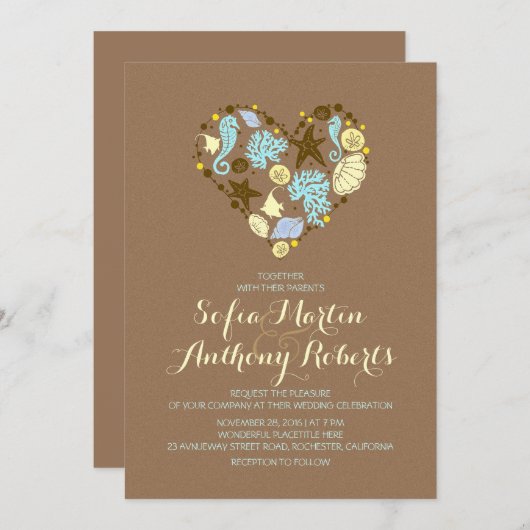 Mariage plage décontractée invitation & coeur de m (Devant / Derrière)