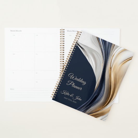 Mariage-Planner-Moderne Abstrait-Bleu Or-Blanc (Devant avec enveloppe)