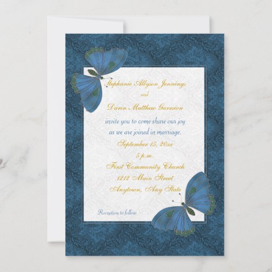 Mariage plat Invitation Papillon Brocade bleu (Dos)