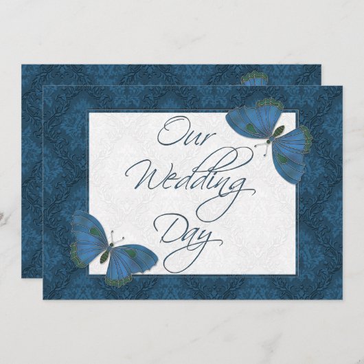 Mariage plat Invitation Papillon Brocade bleu (Devant / Derrière)