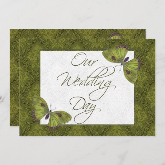 Mariage plat Invitation Papillon Brocade vert (Devant / Derrière)
