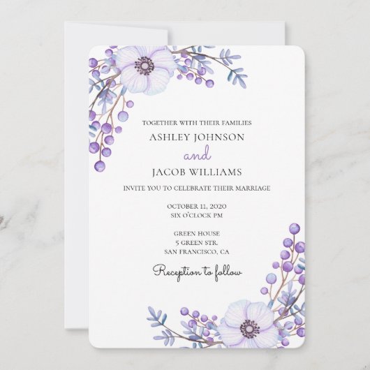 Mariage pourpre. Fleurs lilas. Invitation florale (Devant)